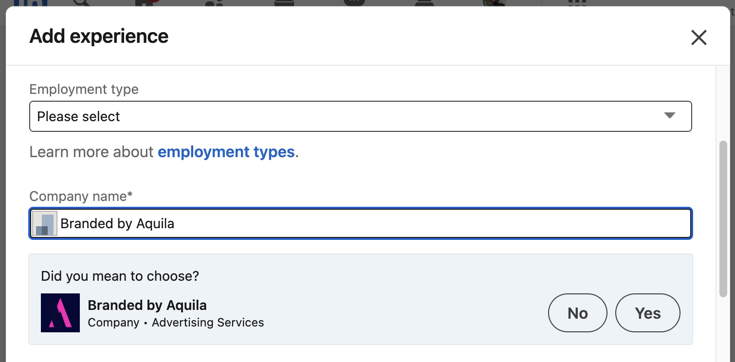 Screenshot of adding experience to a personal LinkedIn profile